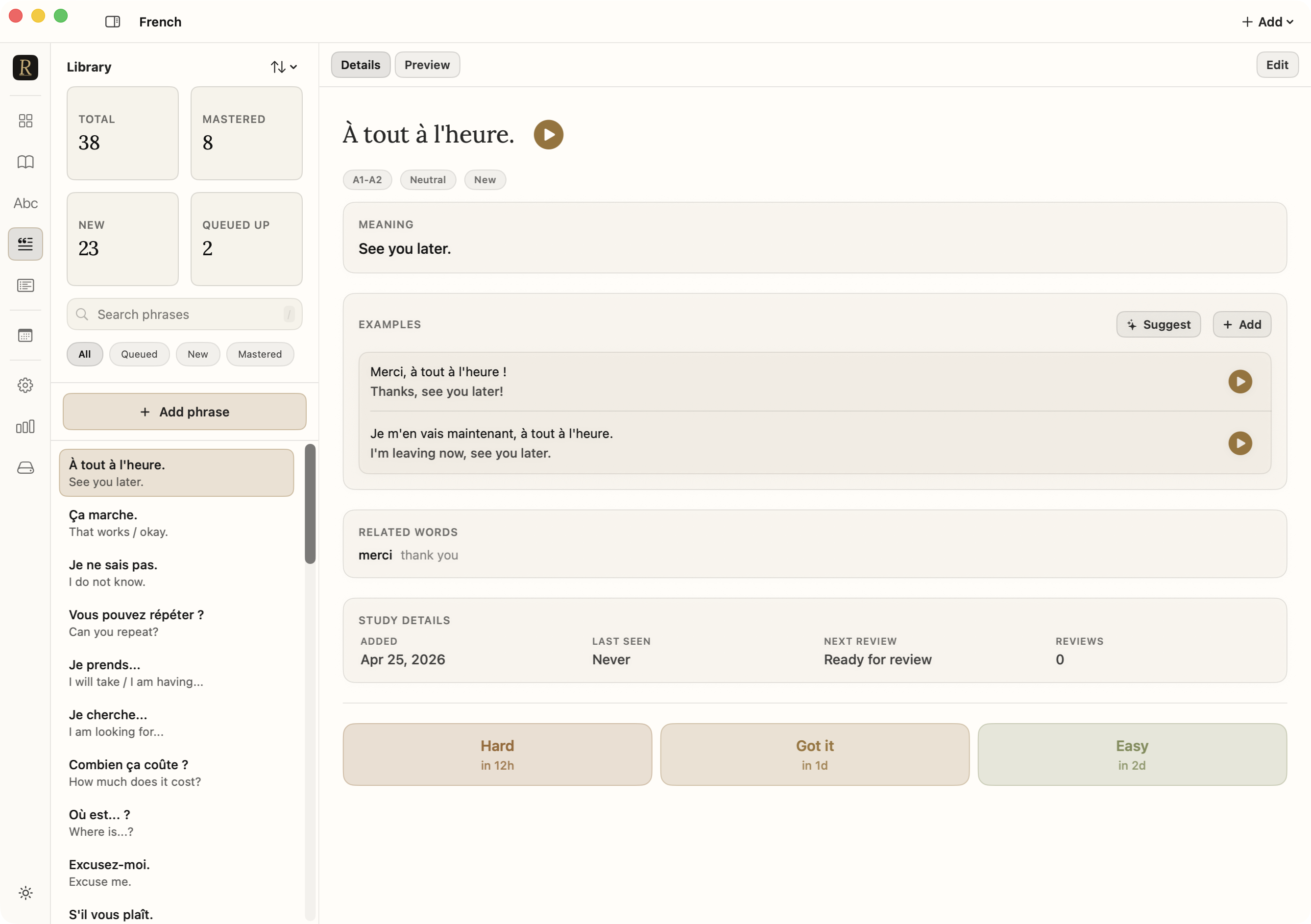 Rivelle Library showing a phrase entry with examples, audio playback, notes, and related words.