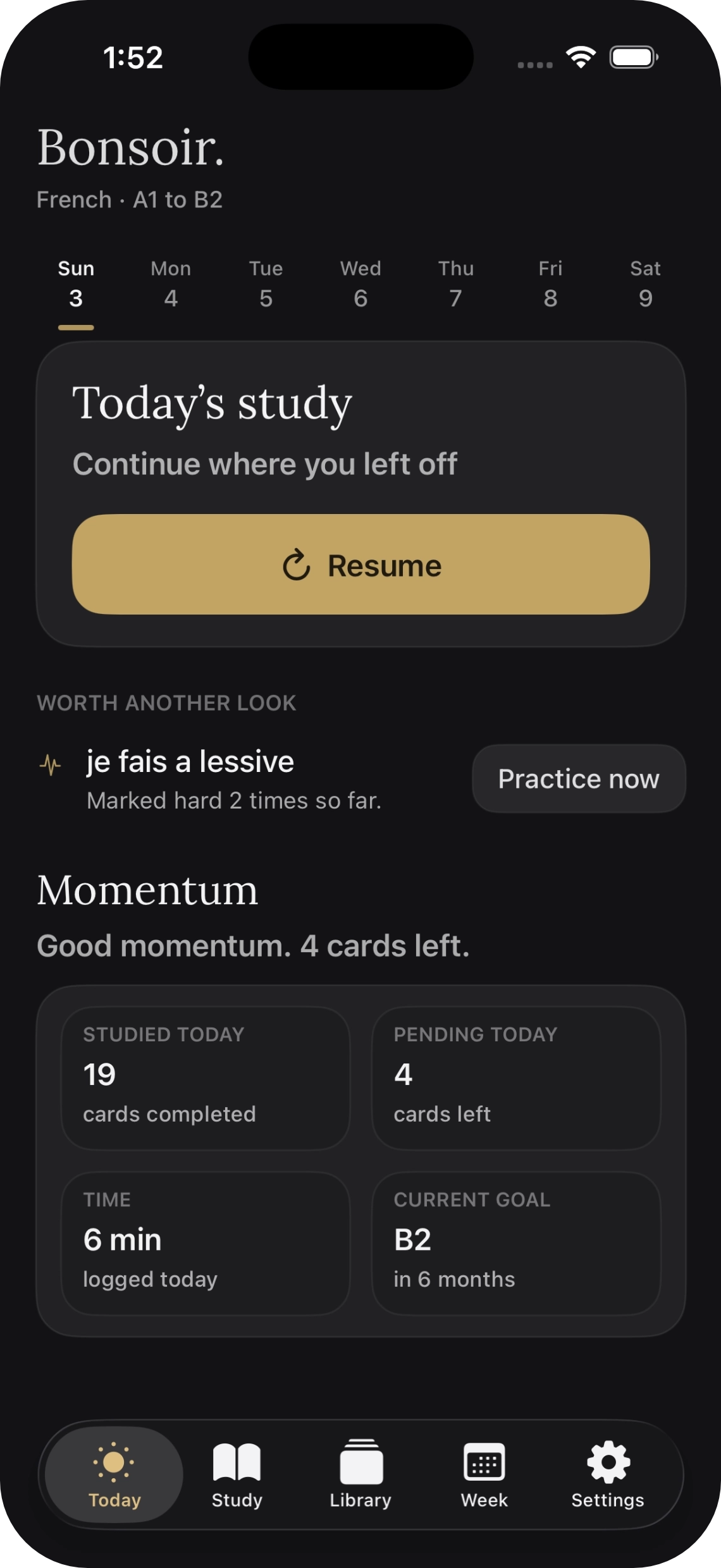 Rivelle on iPhone showing the Today screen with a resume button, momentum, and pending study cards.