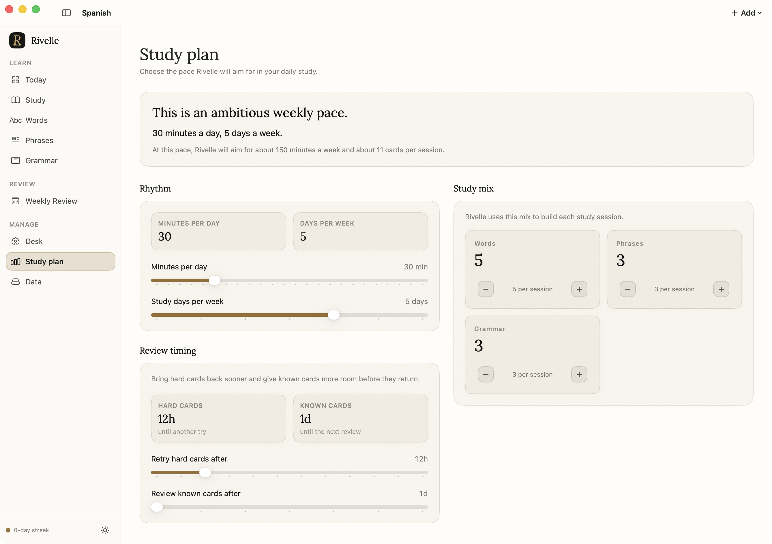 Rivelle Study Plan screen showing daily minutes, days per week, and session mix controls for words, phrases, and grammar.