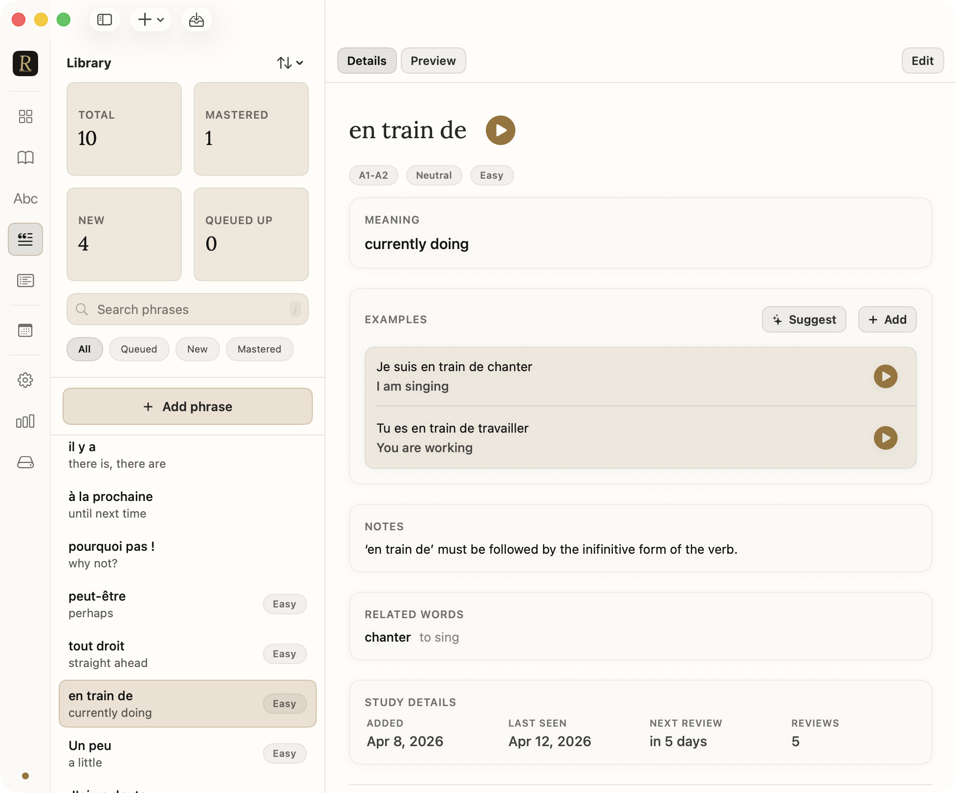 Rivelle Library showing a phrase entry with examples, audio playback, notes, and related words.