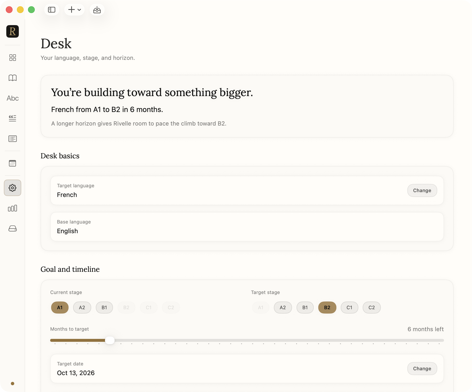 Rivelle Desk screen showing target language, current and target stage, and goal timeline.