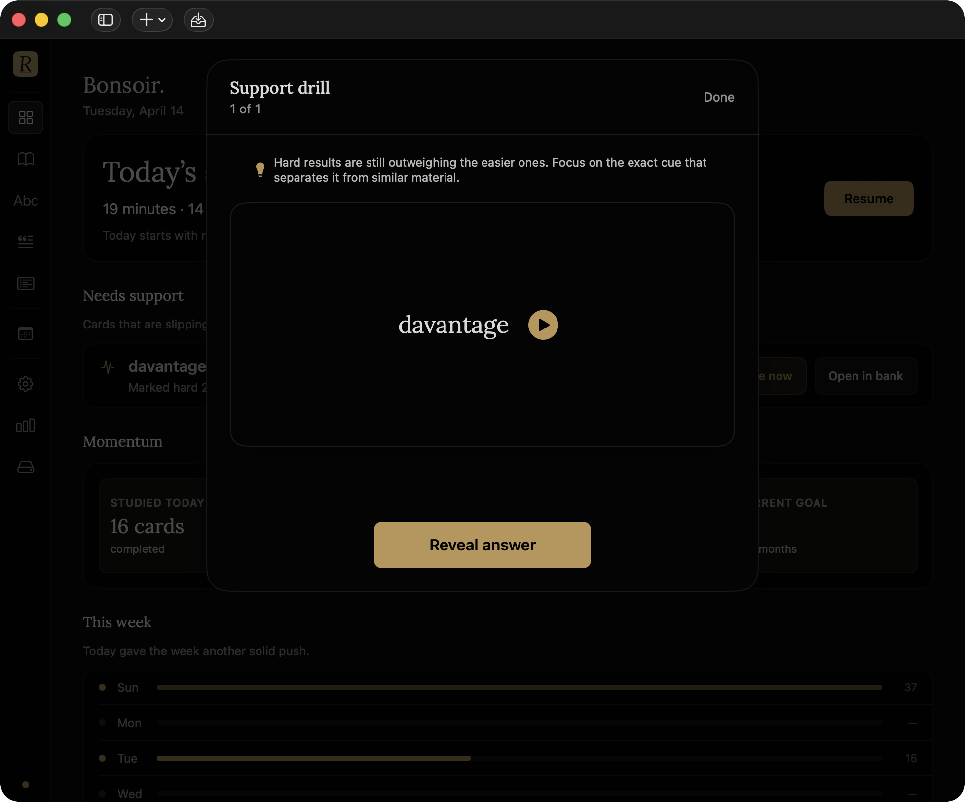 Rivelle Support drill showing a focused rescue review for a difficult card.